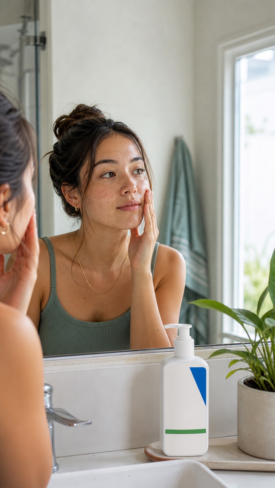 Original spec creative showing a person checking how their skin feels after cleansing