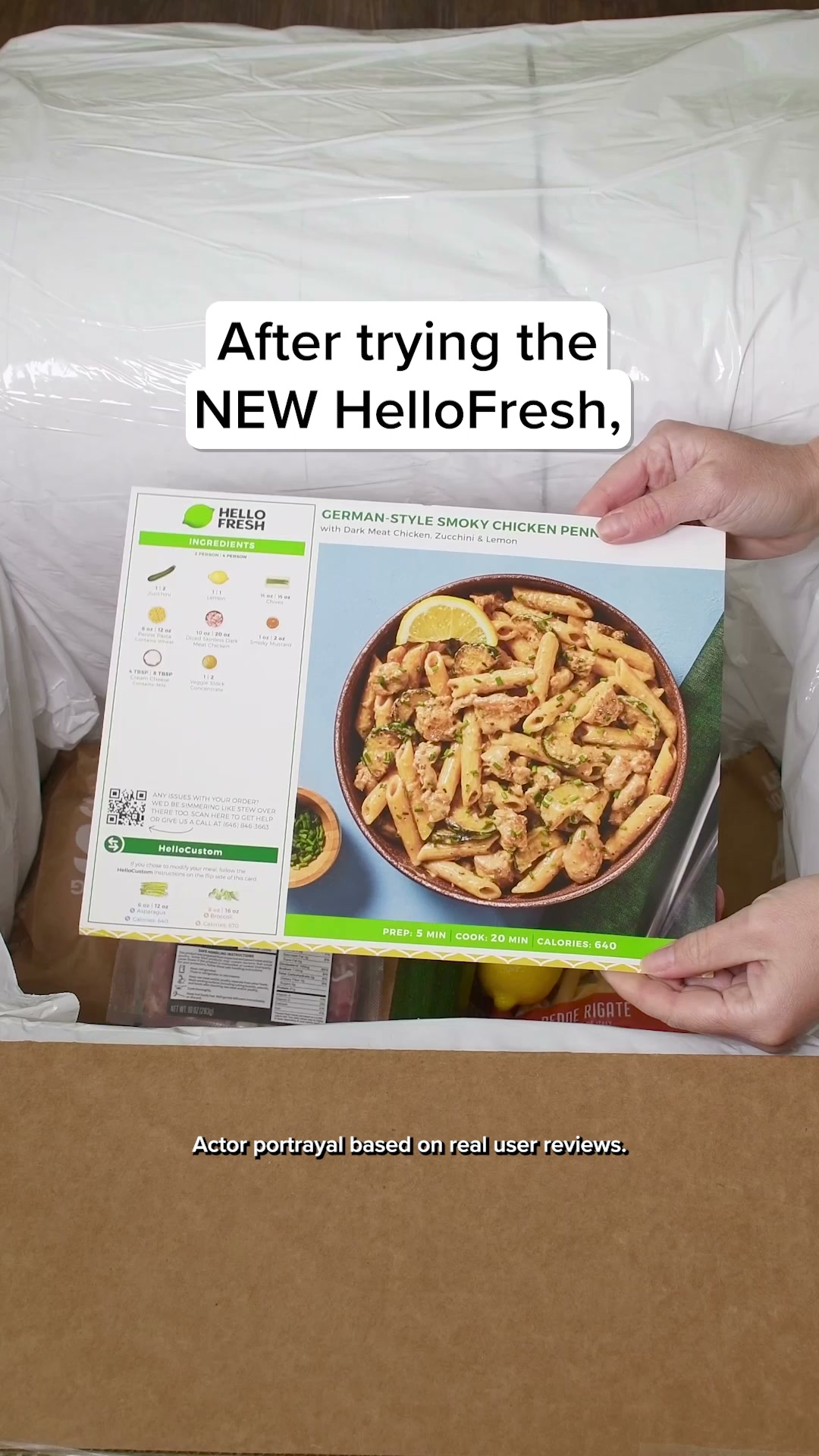 HelloFresh creator-style unboxing ad with a recipe card