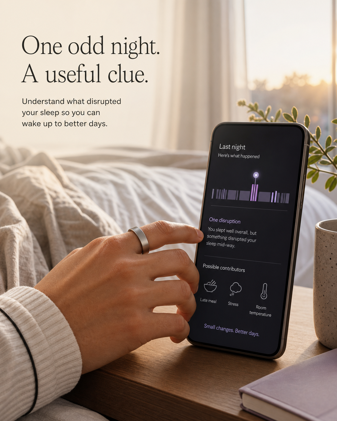 Original Oura-inspired spec creative showing a smart ring and an app identifying possible sleep-disruption contributors